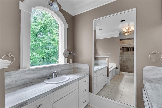 470 Manor Oak Ln SE, Marietta, GA 30067 - bathroom with crown molding, a tile shower, vanity, healthy amount of natural light, and tile patterned flooring
