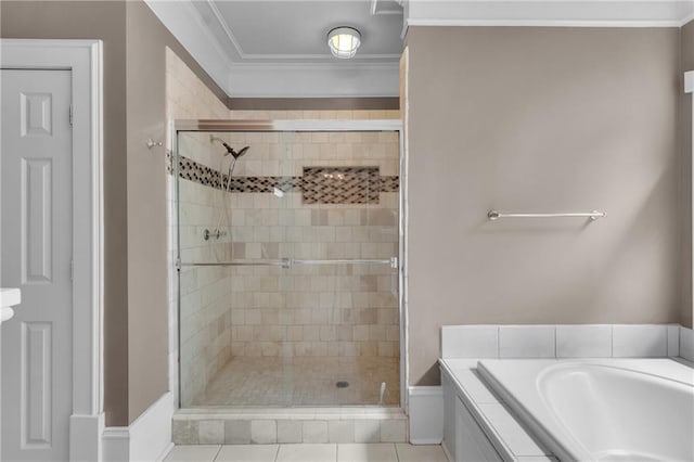 470 Manor Oak Ln SE, Marietta, GA 30067 - bathroom featuring a stall shower, a bath, ornamental molding, and tile patterned floors
