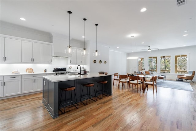 kitchen featuring a center island with sink, stainless steel stove, light hardwood / wood-style floors, and white cabinets