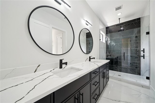 155 Westbrook St, Buford, GA 30518 - full bathroom with visible vents, a sink, double vanity, a marble finish shower, and marble finish floor