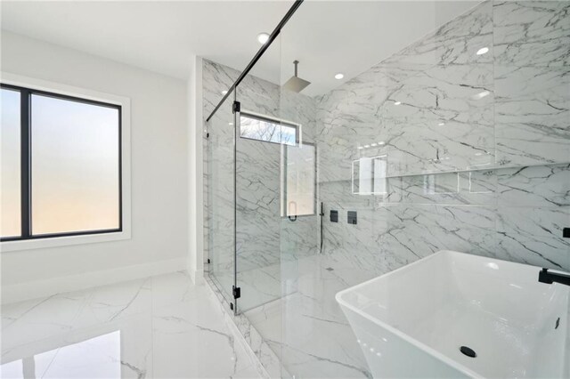 155 Westbrook St, Buford, GA 30518 - bathroom featuring a freestanding bath, a sink, recessed lighting, a marble finish shower, and marble finish floor