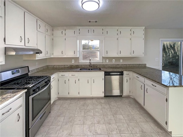 kitchen featuring sink, kitchen peninsula, white cabinets, and appliances with stainless steel finishes