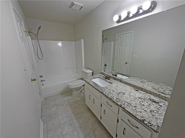 full bathroom with vanity, shower / bathing tub combination, tile patterned flooring, and toilet