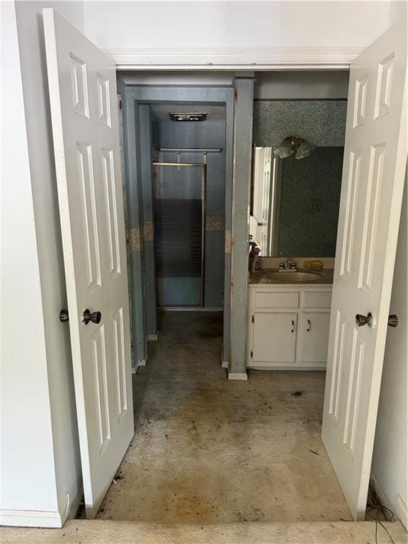 809 Camelot Dr, College Park, GA 30349 - bathroom with unfinished concrete flooring and vanity