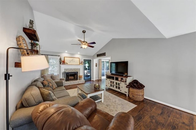 70 Maplewood Ln, Acworth, GA 30101 - living room with lofted ceiling, ceiling fan, wood finished floors, and a fireplace