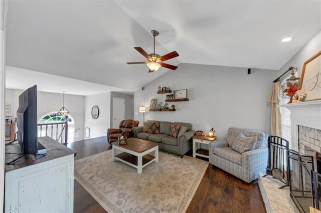70 Maplewood Ln, Acworth, GA 30101 - living room featuring a brick fireplace, wood finished floors, ceiling fan, and lofted ceiling
