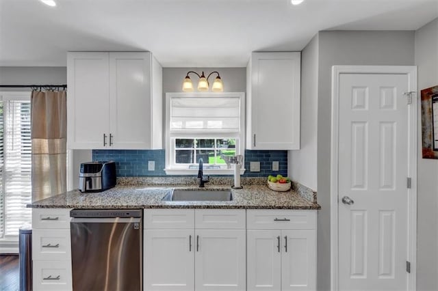 70 Maplewood Ln, Acworth, GA 30101 - kitchen featuring stainless steel dishwasher, light stone counters, white cabinets, and tasteful backsplash