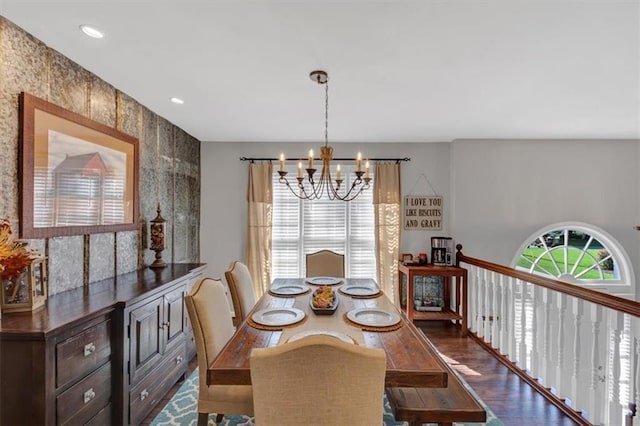 70 Maplewood Ln, Acworth, GA 30101 - dining space with a chandelier, dark wood-style floors, and recessed lighting