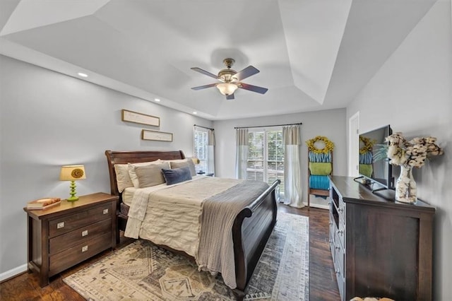 70 Maplewood Ln, Acworth, GA 30101 - bedroom featuring a raised ceiling, dark wood-style flooring, recessed lighting, access to outside, and ceiling fan