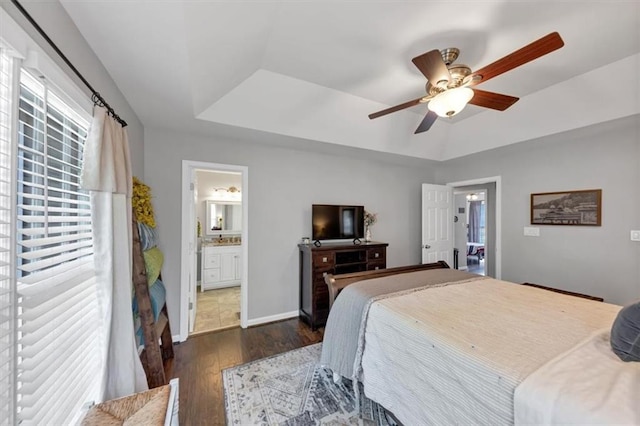 70 Maplewood Ln, Acworth, GA 30101 - bedroom featuring a raised ceiling, wood finished floors, a ceiling fan, and ensuite bathroom