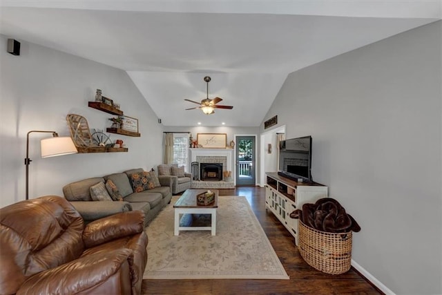 70 Maplewood Ln, Acworth, GA 30101 - living area with a fireplace, ceiling fan, dark wood-style floors, and vaulted ceiling