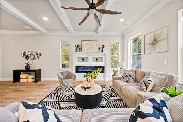 living room with wood finished floors, baseboards, beam ceiling, recessed lighting, and ceiling fan