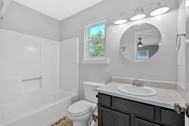 19 Quail Hollow Ct, Dallas, GA 30157 - bathroom featuring toilet, vanity, ceiling fan, and bathtub / shower combination