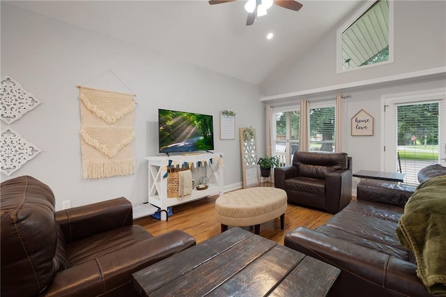 living area featuring high vaulted ceiling, wood finished floors, a ceiling fan, and recessed lighting