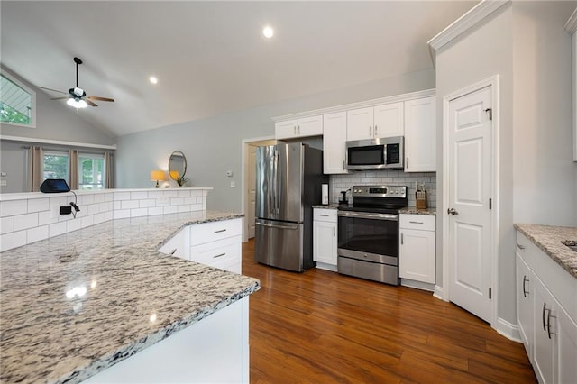 kitchen with tasteful backsplash, white cabinets, appliances with stainless steel finishes, dark wood-style flooring, and light stone countertops