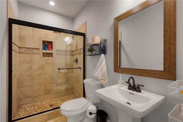 bathroom with toilet, a shower stall, and a sink