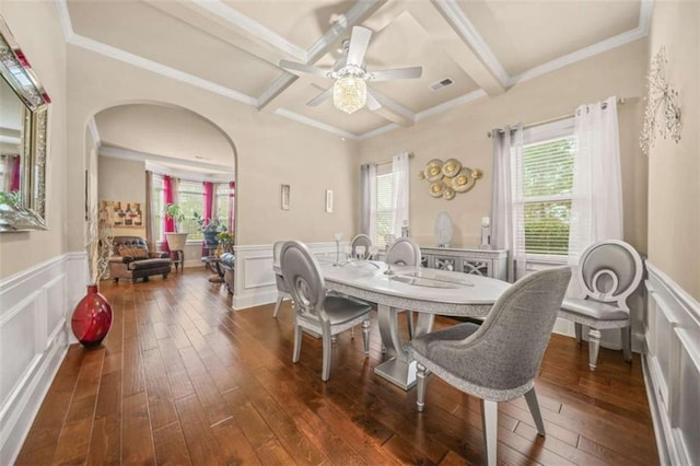 dining room featuring coffered ceiling, a healthy amount of sunlight, dark hardwood / wood-style floors, and beamed ceiling