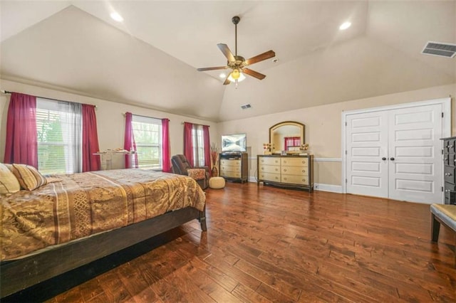 bedroom featuring vaulted ceiling, dark wood-type flooring, and ceiling fan