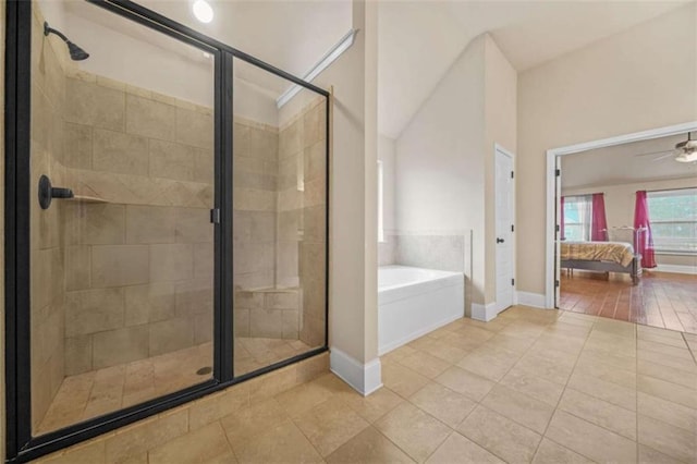 bathroom with ceiling fan, tile patterned floors, and separate shower and tub