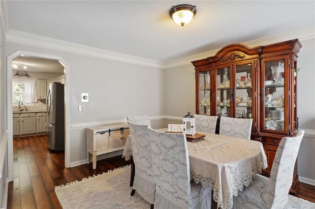 dining room featuring ornamental molding, sink, and dark wood-type flooring