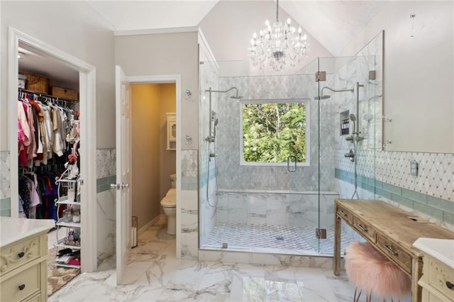 bathroom featuring vanity, lofted ceiling, toilet, and an enclosed shower