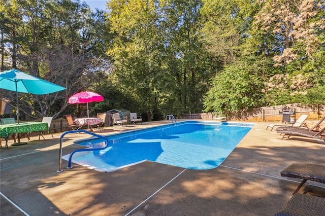 view of swimming pool with a diving board and a patio