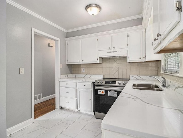 3453 Eisenhower Cir E, Atlanta, GA 30354 - kitchen with electric stove, under cabinet range hood, a sink, white cabinets, and light stone countertops