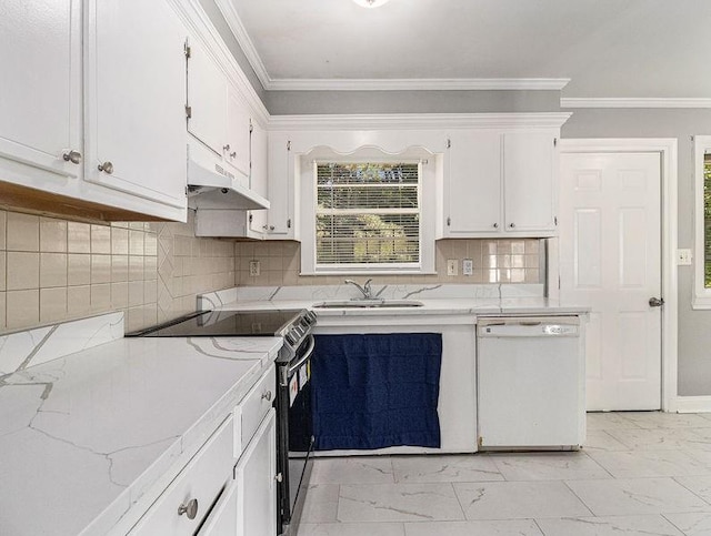 3453 Eisenhower Cir E, Atlanta, GA 30354 - kitchen featuring white dishwasher, stainless steel range with electric stovetop, under cabinet range hood, a sink, and light marble finish flooring