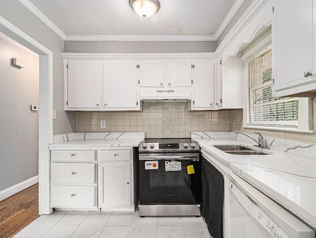 3453 Eisenhower Cir E, Atlanta, GA 30354 - kitchen with stainless steel electric range oven, a sink, dishwasher, under cabinet range hood, and ornamental molding