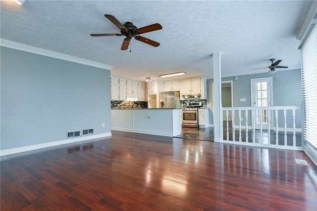 unfurnished living room featuring visible vents, baseboards, ornamental molding, a ceiling fan, and dark wood finished floors