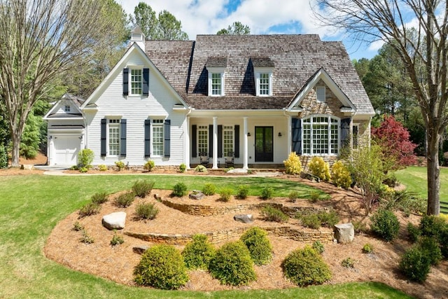 view of front of home with a garage, a front lawn, and covered porch