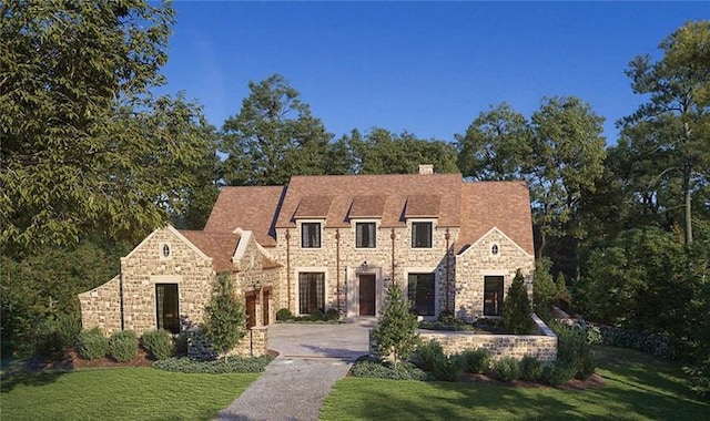 view of front of house featuring stone siding, driveway, a chimney, and a front yard