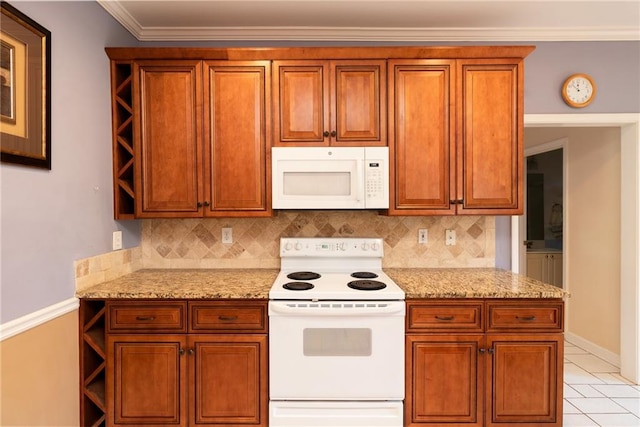5287 Wild Indigo Way, Acworth, GA 30102 - kitchen featuring white appliances, backsplash, open shelves, light stone counters, and ornamental molding
