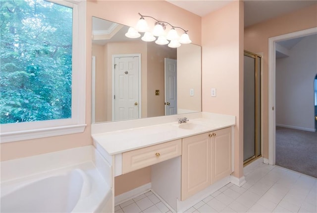 5287 Wild Indigo Way, Acworth, GA 30102 - bathroom with vanity, tile patterned floors, a stall shower, and a bath