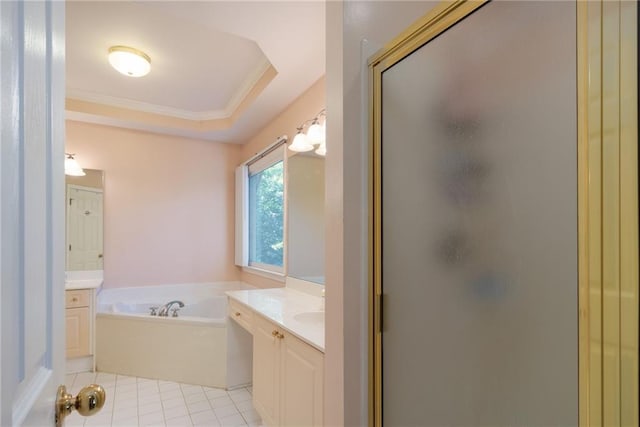 5287 Wild Indigo Way, Acworth, GA 30102 - full bath featuring a stall shower, vanity, a garden tub, crown molding, and tile patterned flooring