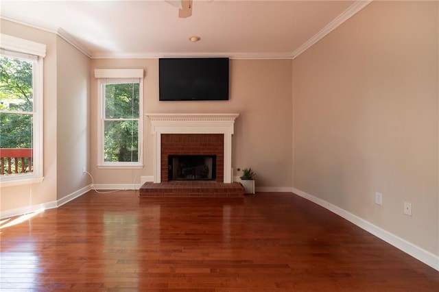 5287 Wild Indigo Way, Acworth, GA 30102 - unfurnished living room with hardwood / wood-style floors, ornamental molding, and a fireplace