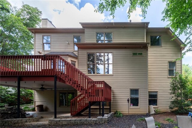 5287 Wild Indigo Way, Acworth, GA 30102 - back of property with stairway, a wooden deck, a chimney, a patio, and a ceiling fan