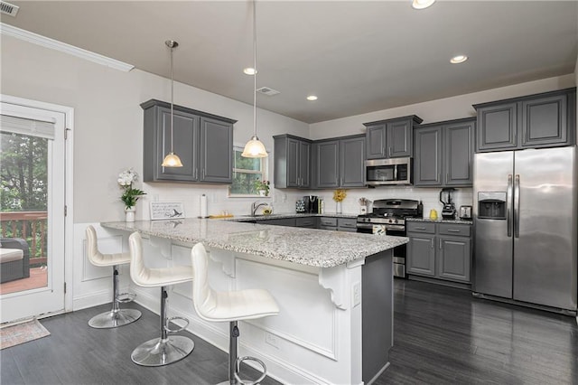 3302 Bellingham Way, Lithia Springs, GA 30122 - kitchen with stainless steel appliances, gray cabinetry, a peninsula, dark wood-type flooring, and recessed lighting