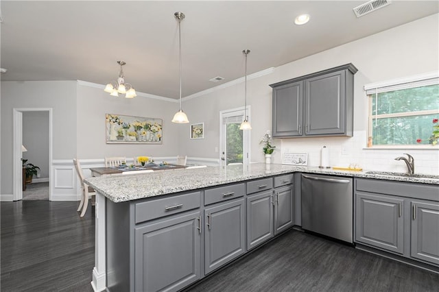 3302 Bellingham Way, Lithia Springs, GA 30122 - kitchen with gray cabinets, stainless steel dishwasher, a peninsula, dark wood-style floors, and a wainscoted wall