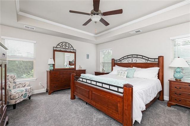 3302 Bellingham Way, Lithia Springs, GA 30122 - bedroom with light colored carpet, a tray ceiling, crown molding, and a ceiling fan