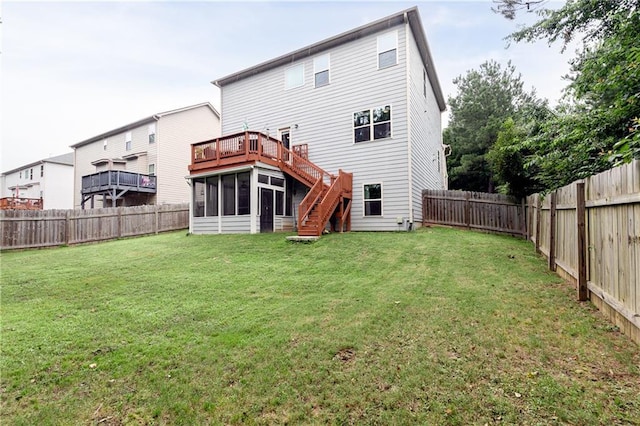 3302 Bellingham Way, Lithia Springs, GA 30122 - back of house with a sunroom, a fenced backyard, stairs, and a deck
