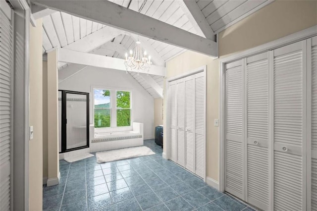 interior space featuring baseboards, a notable chandelier, lofted ceiling with beams, and wood ceiling