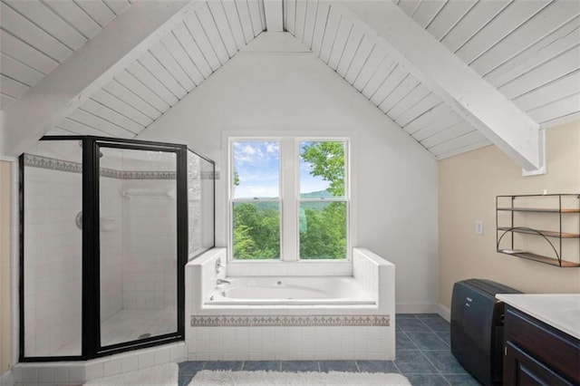 bathroom with tile patterned floors, a shower stall, a bath, and vaulted ceiling with beams