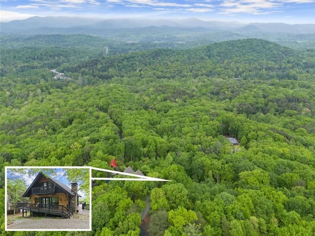 drone / aerial view featuring a forest view and a mountain view
