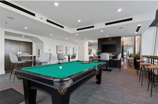 game room with pool table, recessed lighting, and carpet floors