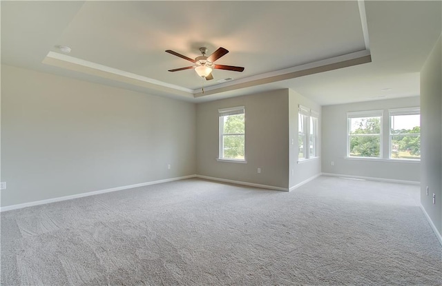 unfurnished room featuring a tray ceiling, carpet, a wealth of natural light, and baseboards