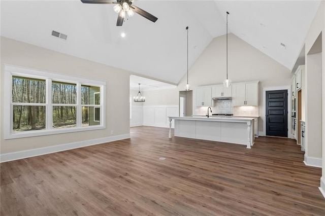 473 Nugget Rd, Carrollton, GA 30117 - unfurnished living room featuring high vaulted ceiling, ceiling fan with notable chandelier, a sink, visible vents, and dark wood-style floors