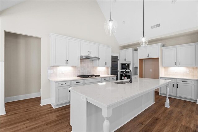 473 Nugget Rd, Carrollton, GA 30117 - kitchen with a center island with sink, visible vents, under cabinet range hood, white cabinetry, and a sink