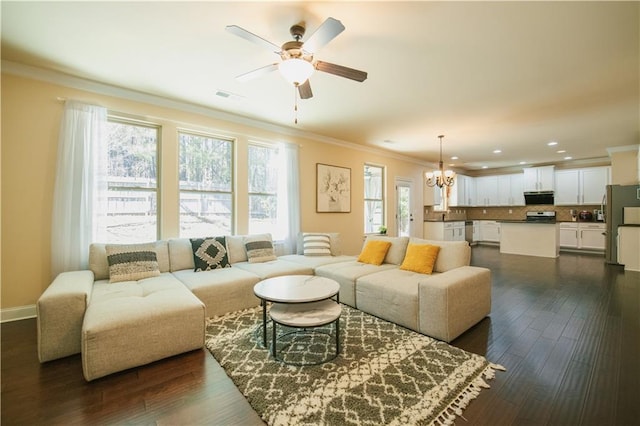 living area featuring visible vents, ceiling fan with notable chandelier, dark wood-type flooring, and ornamental molding