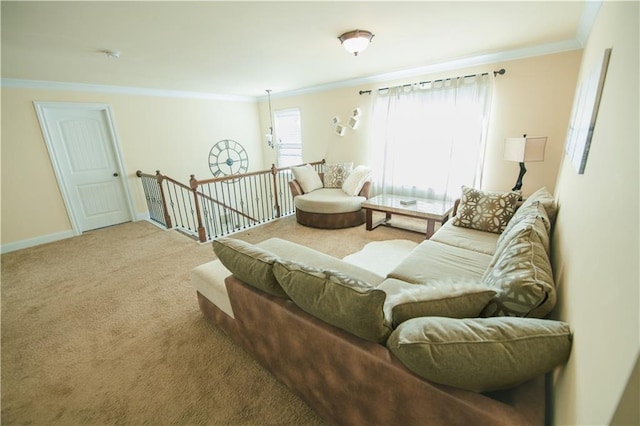 carpeted living room with crown molding and baseboards